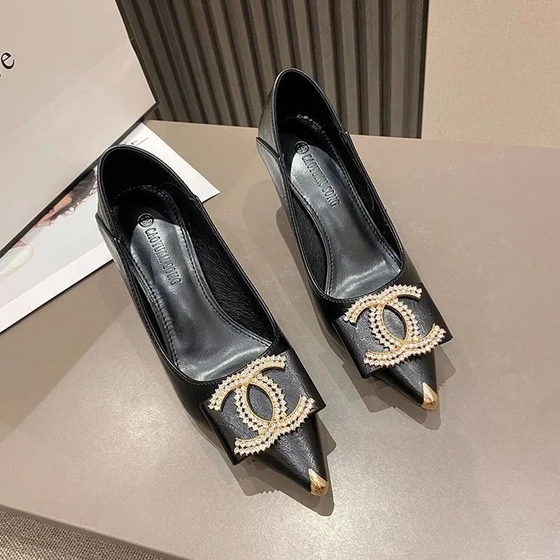 Chanel Black Leather Pointed Toe Pumps with Gold CC Logo